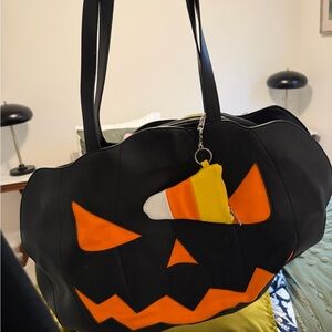 Dolls Kill Black Pumpkin Tote with Orange Accents and Candy Corn Charm